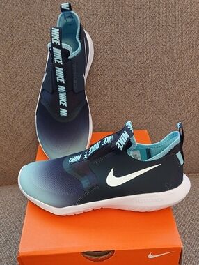 NIB Nike Flex Runner (GS) Kid's Sneakers, Dark Grey, Aqua Slip Ons, Sz 3.5 Youth